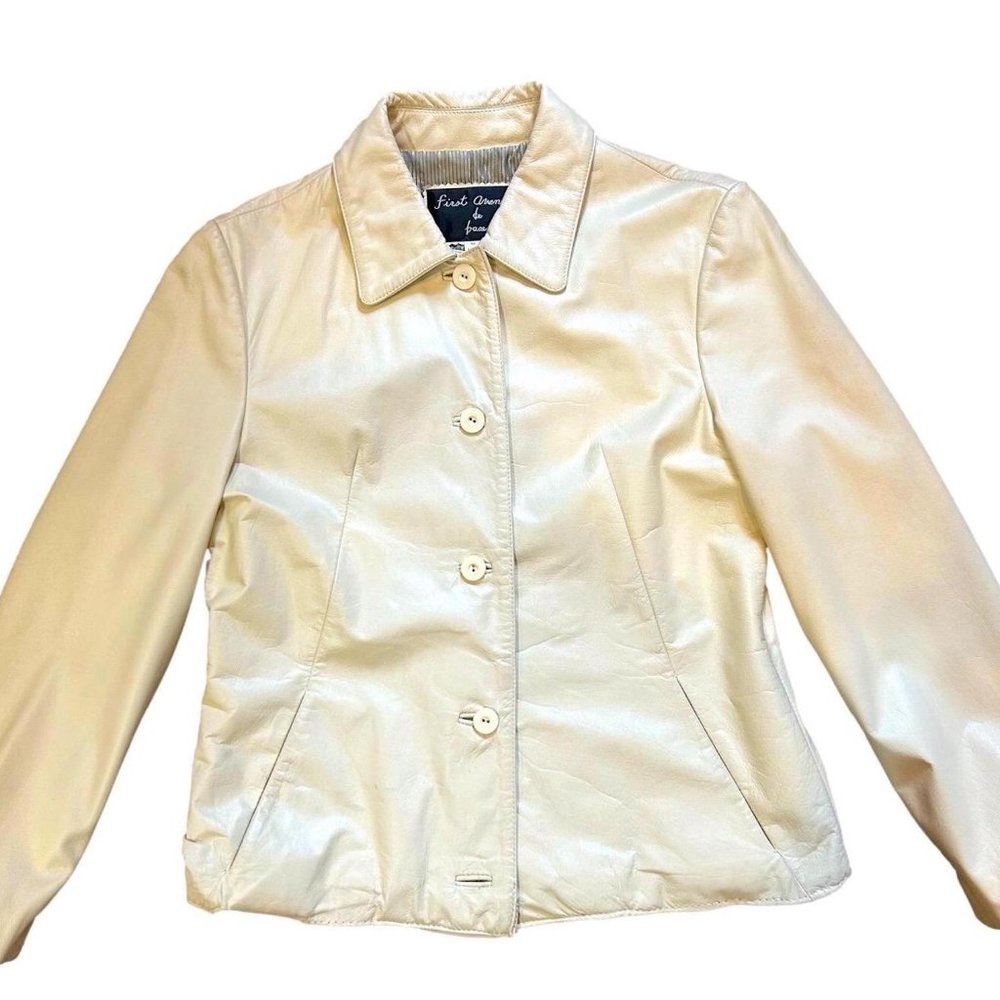 First Avenue Off-White Leather 5 Button Jacket Size 10 Fully Lined